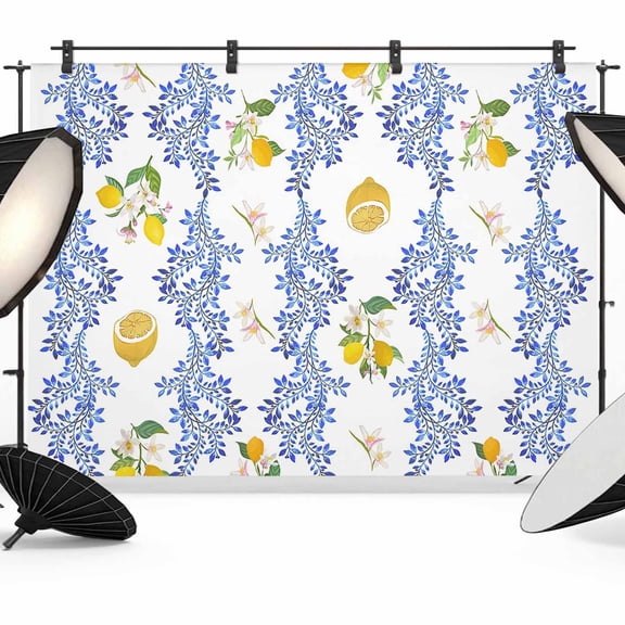Summer Lemon Backdrop for Photography, Fabric Photo Background Backdrop, Navy Blue Spring Floral Botanical Photo Booth Background for Portrait Photoshoot Video Wedding Studio Decoration Banner 7x5ft