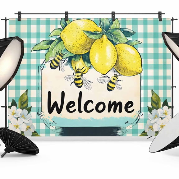 Summer Lemon Backdrop for Photography, Fabric Photo Background Backdrop, Spring Bees Turquoise Plaid Photo Booth Background for Portrait Photoshoot Video Wedding Studio Decoration Banner 7x5ft