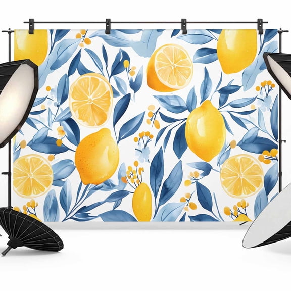 Summer Lemon Backdrop for Photography,Fabric Photo Background Backdrop,Spring Pastoral Watercolor Fruit Blue Yellow Photo Booth Background for Portrait Photoshoot Video Wedding Banner 7x5ft