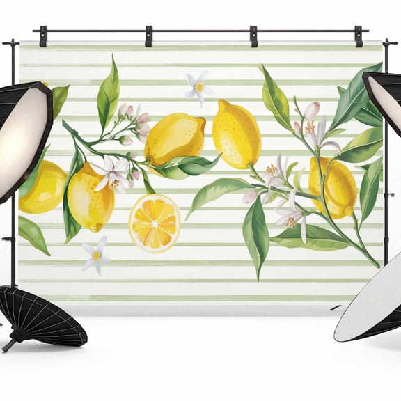 Summer Lemon Backdrop for Photography, Leaf Yellow Fruit Botanical Green White Stripe Photo Backdrop Portrait Background Party Banner Photo Backgrounds for Studio Booth Props, 7x5ft