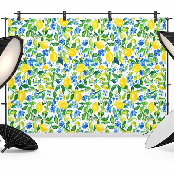 Summer Lemon Backdrop for Photoshoot, Photography Photo Studio Background Wall Backdrop, Green Botanical Blue Flowers Back Drop Banner Panel for Portraits Wedding Party Live Streaming Decor 8x6Ft