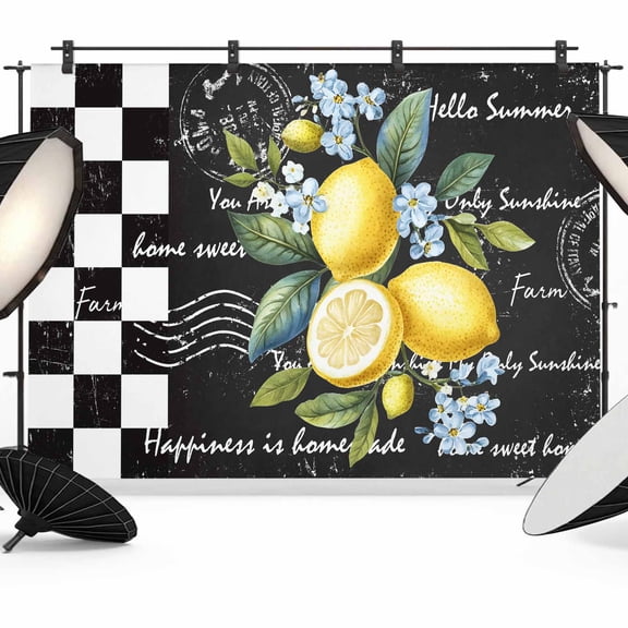 Summer Lemon Backdrop for Photoshoot,Photography Photo Studio Background Wall Backdrop,Vintage Black Plaid Blue Spring Floral Back Drop Banner Panel for Portraits Wedding Party Live Streaming 12x8Ft