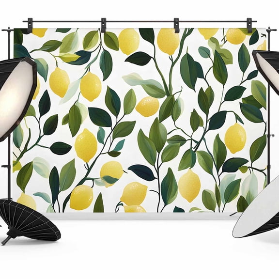 Summer Lemon Backdrop for Photoshoot,Photography Photo Studio Background Wall Backdrop,Yellow Fruits Pastoral Green Botanical Back Drop Banner Panel for Portraits Wedding Party Live Streaming 12x8Ft