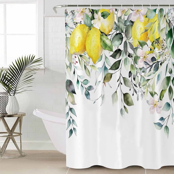 Summer Lemon Bathroom Curtain 72 Inch Shower Curtain with Hooks, Spring Floral Eucalyptus Leaves Botanical Waterproof Polyester Bath Curtain Washable Bathtub Curtain 72''x 72''