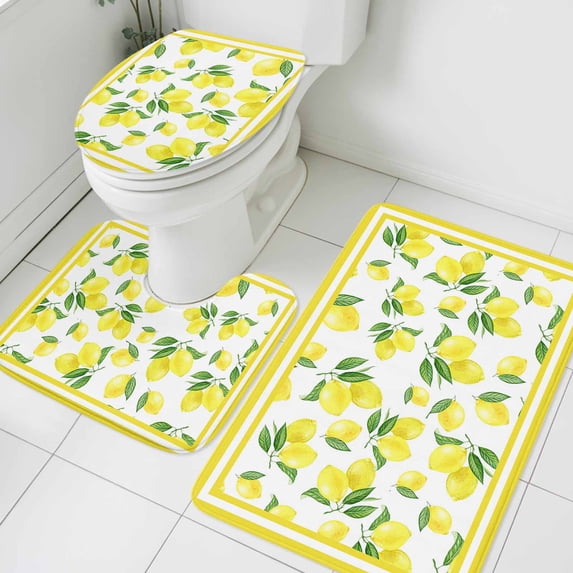 Summer Lemon Bathroom Rugs Set Fruit Farmhouse Leaf Yellow Edge Non Slip Absorbent Soft Bath Mats 3 Piece Set with Bathroom Rug, U-Shaped Floor Mat, Toilet Seat Cover Large Size