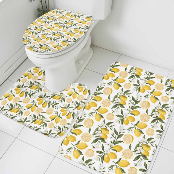 Summer Lemon Bathroom Rugs Set Hand Painted Lemon Non Slip Absorbent Soft Bath Mats 3 Piece Set with Bathroom Rug, U-Shaped Floor Mat, Toilet Seat Cover Small Size