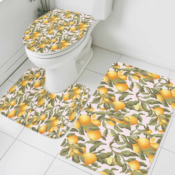 Summer Lemon Bathroom Rugs Set Vintage Leaves Plant Non Slip Absorbent Soft Bath Mats 3 Piece Set with Bathroom Rug, U-Shaped Floor Mat, Toilet Seat Cover Large Size