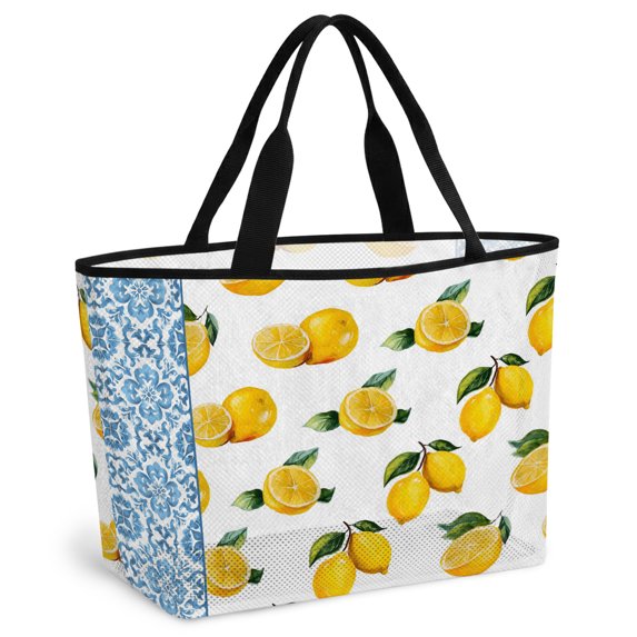 Summer Lemon Beach Bag for Women, Large Breathable Mesh Beach Tote Bag, Country Fruits Italian Style Flowers Blue Sandproof Lightweight Travel Bags for Vacation Picnic Swimming Pool 15.7"x15.7"x9.1"