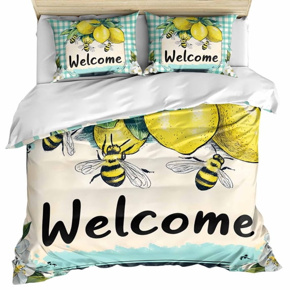 Summer Lemon Bedding 3 Piece Duvet Cover Set Queen Size, Spring Bees Turquoise Plaid Soft Microfiber Comforter Cover with Zipper Closure & Pillowcases, Wrinkle & FadeResistant Quilt Cover