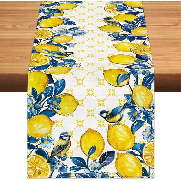 Summer Lemon Bird Table Runner Spring Blue Flowers Burlap Table Runners, Geometric Pattern Seasonal Coffee Table Center Decor for Home Kitchen Dining Party Indoor Outdoor 13x72 Inch