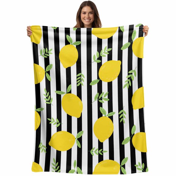 Summer Lemon Blanket Soft Cozy Warm Throw Blanket for Couch, Plush Fuzzy Flannel Fleece Blankets for Sofa, Country Botanical Fruits Black Striped Bed Blankets Lightweight Gifts for Women, 30"x40"