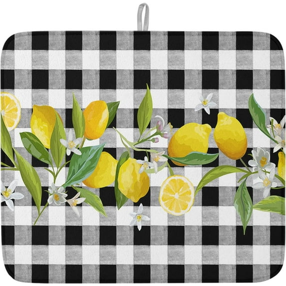 Summer Lemon Buffalo Plaid Dish Drying Mats for Kitchen Counter,Black White Yellow Microfiber Absorbent Dish Drainer/Rack Mat,Reversible Hangding Quick Drying kitchen Mat,16x18inch Machine Washable