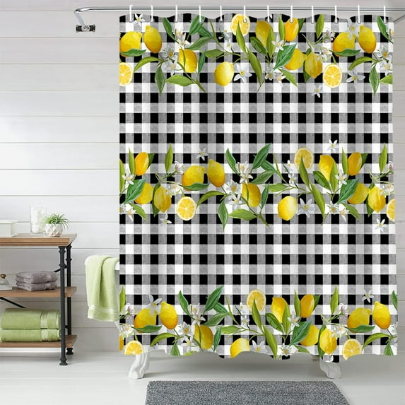 Summer Lemon Buffalo Plaid Shower Curtain, Black White Yellow Shower Curtain Set with Hooks, Spring Summer Waterproof Fabric Shower Curtains for Bathroom Decor, 72x84 Inch Bath Curtain