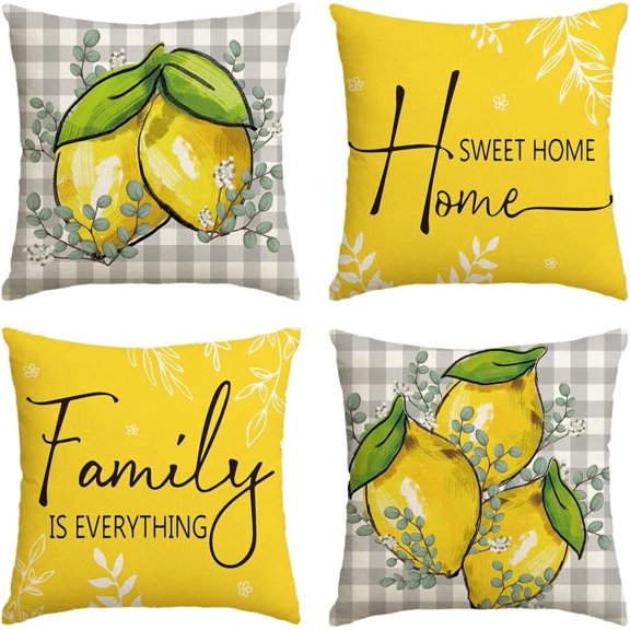 Summer Lemon Buffalo Plaid Throw Pillow Covers, 18 x 18 Inch Home Sweet Home Family is Everything Cushion Case for Sofa Couch Set of 4