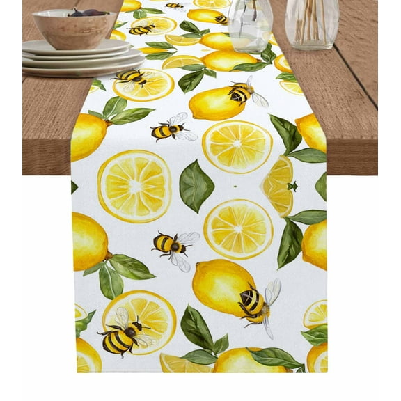 Summer Lemon Burlap Cotton Table Runner 13x60 Inches Long, Bee Green Botanical Yellow Fruits Farmhouse Table Runners, Outdoor Dining Tablecloths Decor for Baby Shower/Party/Wedding