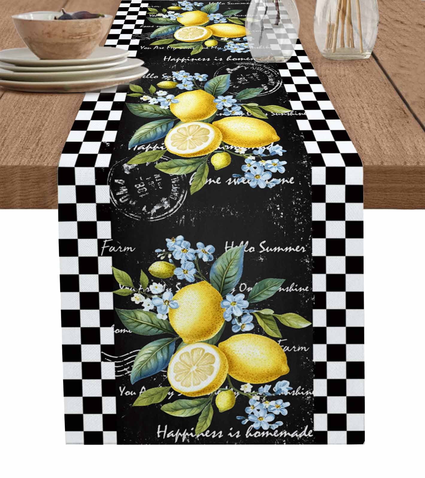 Summer Lemon Burlap Cotton Table Runner 13x90 Inches Long, Vintage Black Plaid Blue Spring Floral Farmhouse Table Runners, Outdoor Dining Tablecloths Decor for Baby Shower/Party/Wedding