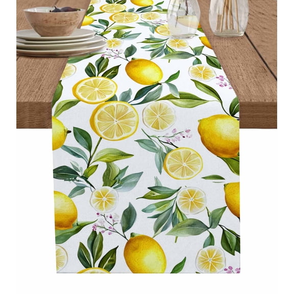 Summer Lemon Burlap Cotton Table Runner 14x72 Inches Long, Purple Floral Botanical Plants Farmhouse Table Runners, Outdoor Dining Tablecloths Decor for Baby Shower/Party/Wedding