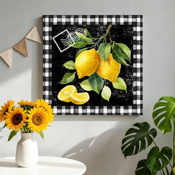 Summer Lemon Canvas Wall Art Framed Wall Decor for Living Room Bedroom Bathroom, Country Farm Yellow Fruit Leaf Black Buffalo Plaid Canvas Pictures Ready to Hang Decor, 12"x12"