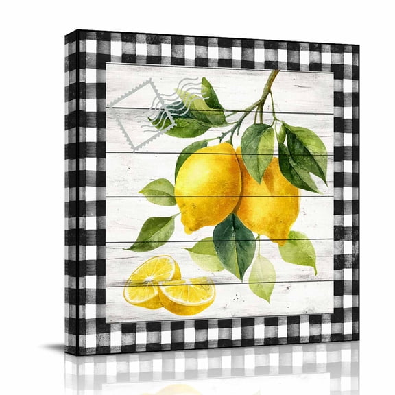 Summer Lemon Canvas Wall Art for Living Room, Country Farm Yellow Fruit Leaf Black Plaid Wood Grain Poster Print Painting for Bedroom Office Home Decoration Wall Pictures Prepare To Hang 12"x12"