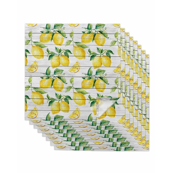Summer Lemon Cloth Napkins Set of 8 Reusable Dinner Napkins, Yellow Fruit Farm Vintage White Wood Grain Cocktail Napkin Washable Table Napkins for Wedding/Holiday Party/Baby Shower 20"x20"
