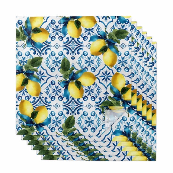 Summer Lemon Cloth Napkins, Yellow Green Botanical Blue and White Porcelain Washable and Reusable Dinner Napkins Set of 6, Table Napkin for Kitchen Party Birthday Wedding Hotel Housewarming 20"x20"