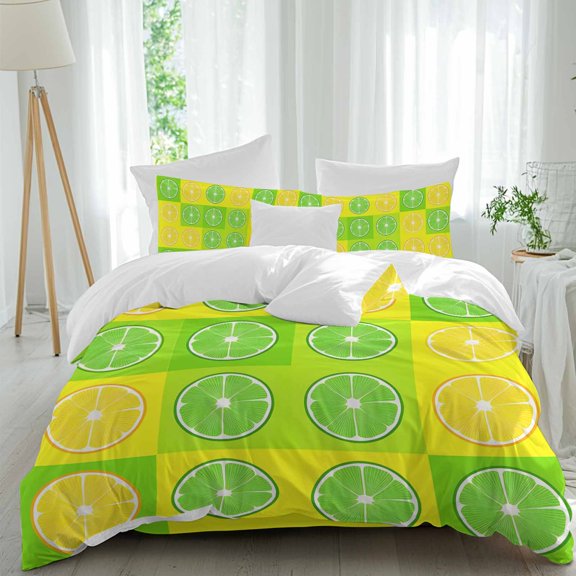 Summer Lemon Comforter Set California King Size, Green Yellow Lemon Cartoon Fruit Geometric Soft Bedding Set for Man Woman, 4 Pieces Duvet Cover Set with Fitted Sheet, 2 Pillowcases