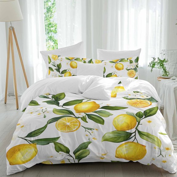 Summer Lemon Comforter Set Full Size, Leaf Yellow Fruit Countryside Watercolor Flower Soft Bedding Set for Man Woman, 4 Pieces Duvet Cover Set with Fitted Sheet, 2 Pillowcases