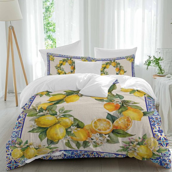 Summer Lemon Comforter Set Full Size, National Style Lemon Floral Linen Texture Soft Bedding Set for Man Woman, 4 Pieces Duvet Cover Set with Fitted Sheet, 2 Pillowcases