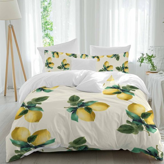 Summer Lemon Comforter Set Queen Size, Country Watercolor Farm Yellow Fruit Green Leaf Bow Soft Bedding Set for Man Woman, 4 Pieces Duvet Cover Set with Fitted Sheet, 2 Pillowcases