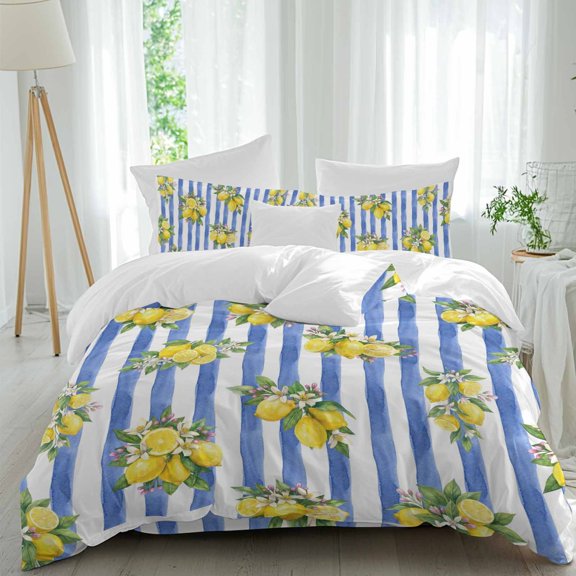 Summer Lemon Comforter Set Twin Size, Summer Lemon Floral Blue Stripes Soft Bedding Set for Man Woman, 4 Pieces Duvet Cover Set with Fitted Sheet, 2 Pillowcases