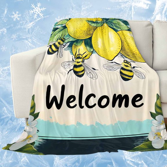 Summer Lemon Cooling Blanket, Lightweight Breathable Summer Throw Blanket with Double Sided Cold Effect, Spring Bees Turquoise Plaid Picnic Beach Blankets Bed Sheet for Hot Sleepers 60"x80"
