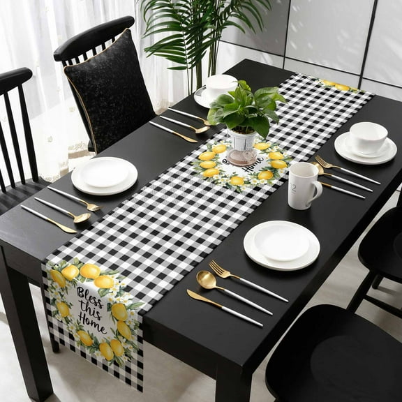 Summer Lemon Cotton Linen Small Table Runner 13 x 60 inch Farmhouse Country Black White Check Non-slip Rectangular Dining Table Decor for Wedding Party Holiday Dinner