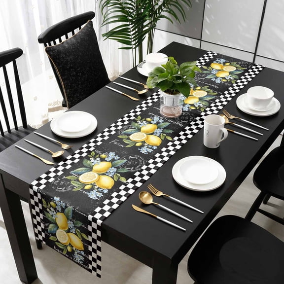 Summer Lemon Cotton Linen Table Runner 18 x 72 inch Vintage Black Plaid Blue Spring Floral Non-slip Rectangular Dining Table Decor for Wedding Party Holiday Dinner