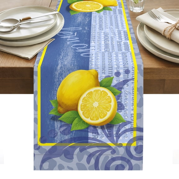 Summer Lemon Cotton Linen Table Runner Purple Leopard Print Pop Art Retro Dining Table Runners for Home Decor Party Dining Room Restaurant Kitchen Party 13" x 36"
