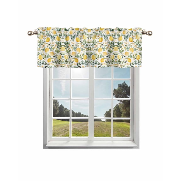 Summer Lemon Curtain Valance for Windows/Living Room/Kitchen/Bathroom/Café, Short Rod Pocket Tier Curtain Window Treatment Panel Watercolor Botanical Green Leaf Fruit Topper Curtain 60''x18''