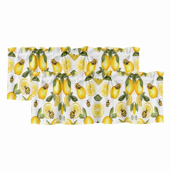 Summer Lemon Curtain Valances for Windows, Kitchen Valance Window Treatments Panel 2 Pack, Bee Green Botanical Yellow Fruits Rod Pocket Short Curtains for Bathroom Bedroom 42 x 12 Inch
