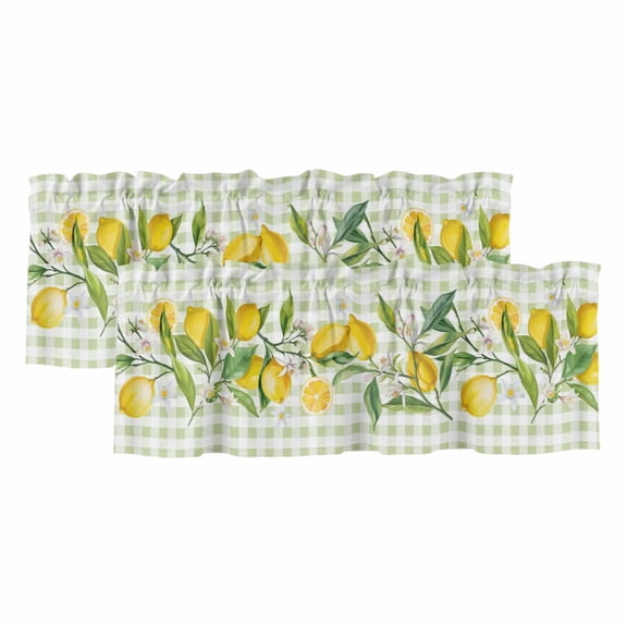 Summer Lemon Curtain Valances for Windows, Kitchen Valance Window Treatments Panel 2 Pack, Country Botanical Fruit Green White Check Rod Pocket Short Curtains for Bathroom Bedroom 42 x 12 Inch