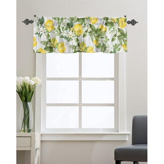 Summer Lemon Curtains Valance for Kitchen Watercolor Flower Green Leaf Window Valances Short Curtain Toppers,Farm Wood Grain Rod Pocket Window Treatment for Bedroom Bathroom 54x18in