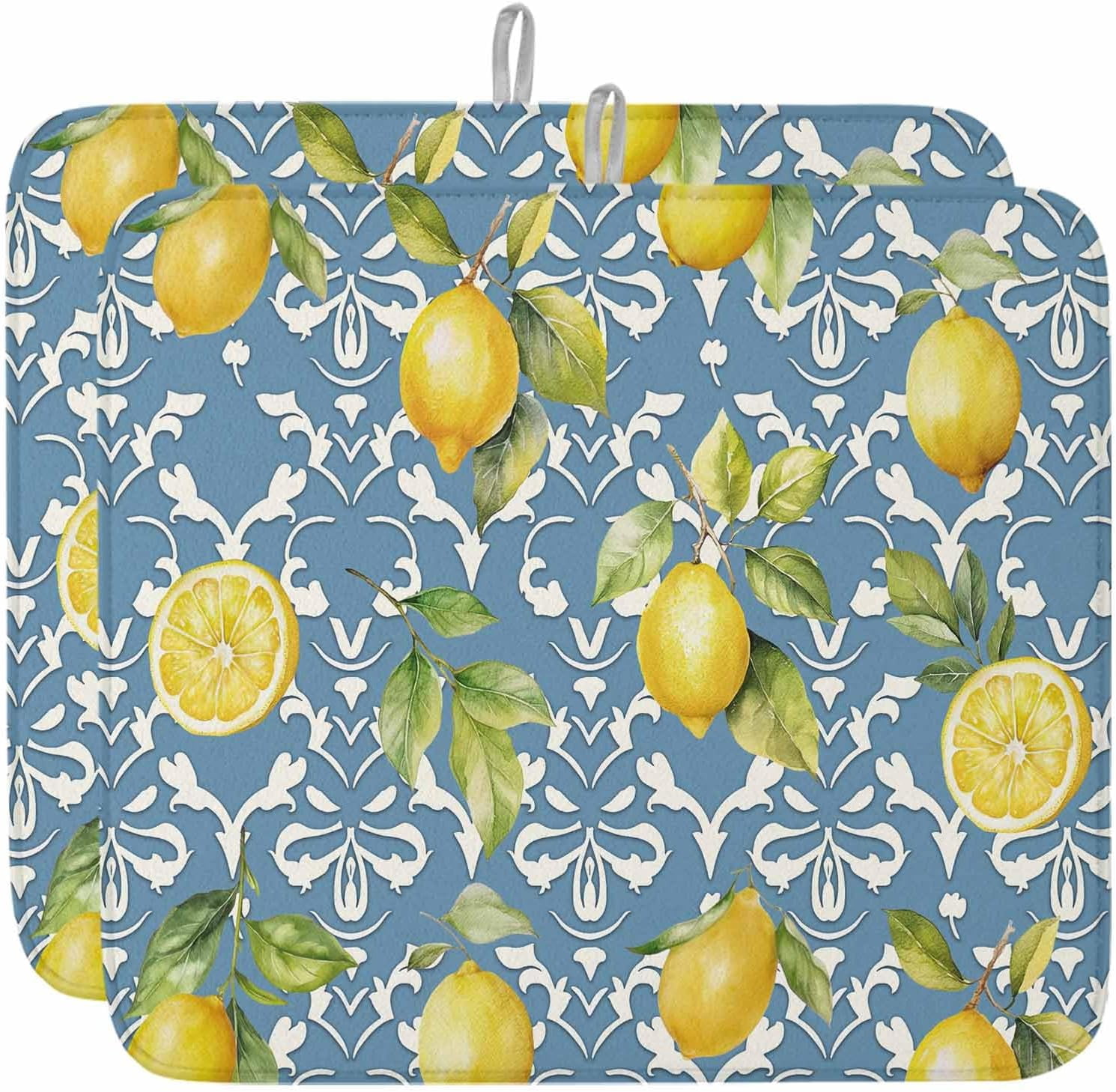 Summer Lemon Dish Drying Mat for Kitchen Counter, Green Botanical Blue Watercolor Fruits Baby Bottle Microfiber Drying Pad, Absorbent Coffee Cup Dishes Drainer Mats 18"x24", 1 Pcs