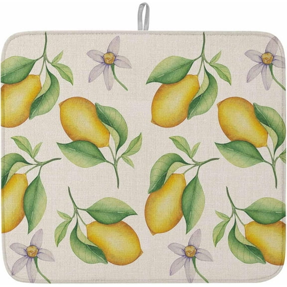 Summer Lemon Dish Drying Mat for Kitchen Counter, Microfiber Rack Pads, Farmhouse Light Purple Floral Burlap Absorbent Dish Bottle Drying Mat, 18" x 24", 2 Pack