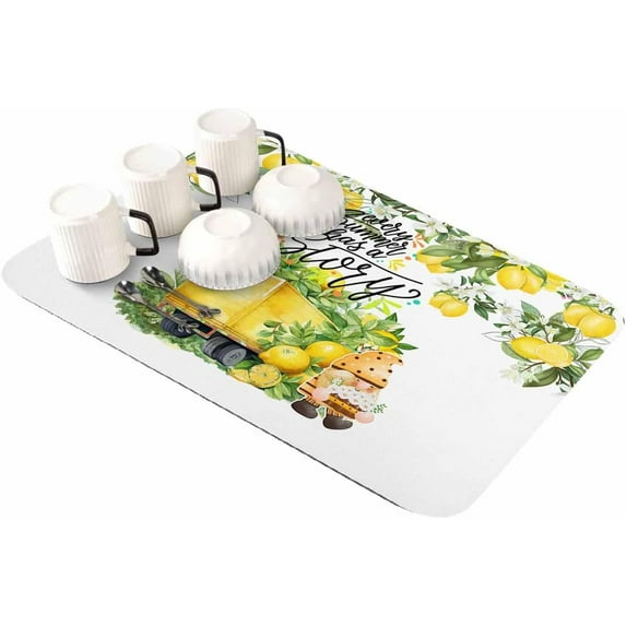 Summer Lemon Dish Drying Mat for Kitchen Counter, Super Absorbent Quick Dry Coffee Bar Mat Pad Thin Diatomaceous Sink Mat Non Slip Dish Drainer Mat 23.5x15.5 Yellow Fruits Teal Botanical Gnomes
