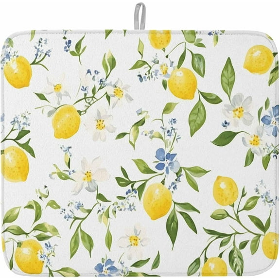 Summer Lemon Dish Drying Mat for Kitchen Counter, Yellow Botanical Spring Floral Country Baby Bottle Microfiber Drying Pad, Absorbent Coffee Cup Dishes Drainer Mats 18"x24", 2 Pcs