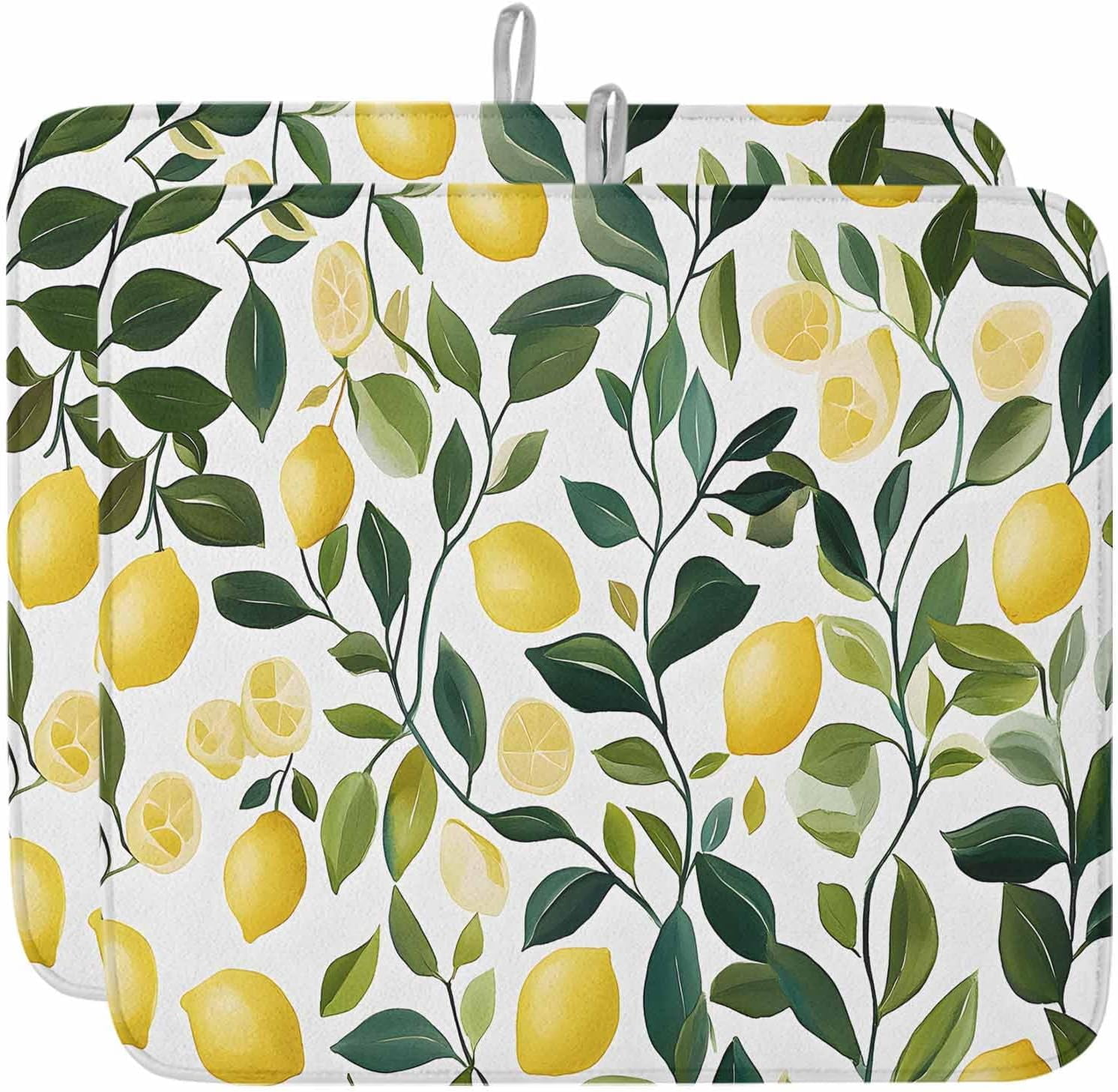 Summer Lemon Dish Drying Mat for Kitchen Counter, Yellow Fruits Green Botanical Baby Bottle Microfiber Drying Pad, Absorbent Coffee Cup Dishes Drainer Mats 16"x18", 1 Pcs