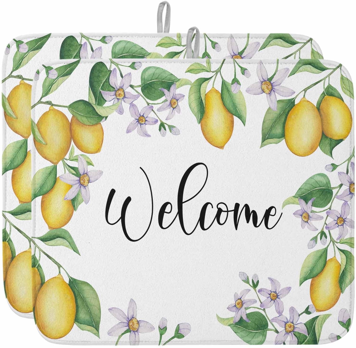 Summer Lemon Dish Drying Mat for Kitchen Counter, Yellow Green Botanical Rustic Welcome Baby Bottle Microfiber Drying Pad, Absorbent Coffee Cup Dishes Drainer Mats 18"x24", 2 Pcs