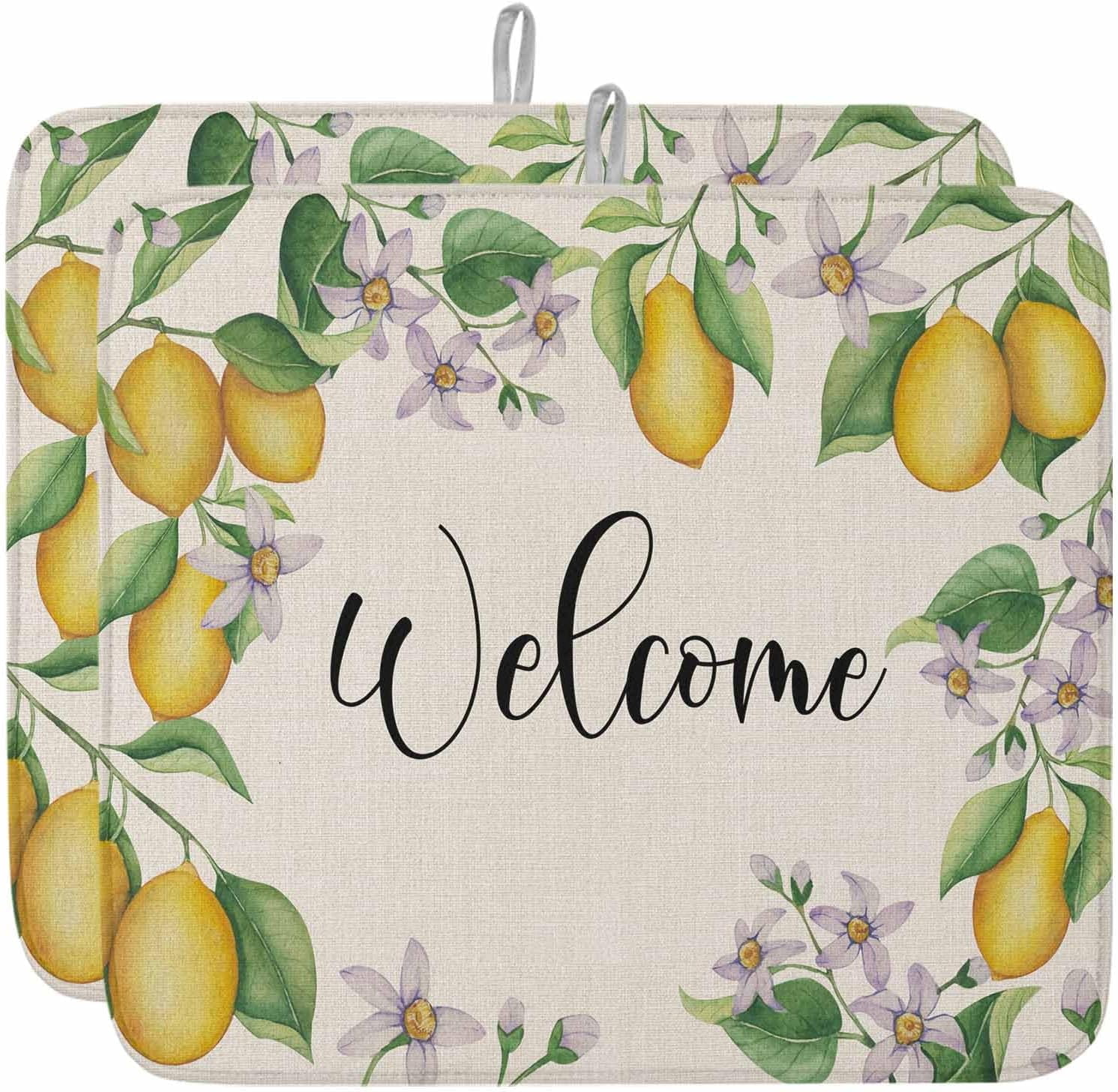 Summer Lemon Dish Drying Mat for Kitchen Counter, Yellow Green Botanical Rustic Welcome Baby Bottle Microfiber Drying Pad, Absorbent Coffee Cup Dishes Drainer Mats 18"x24", 2 Pcs