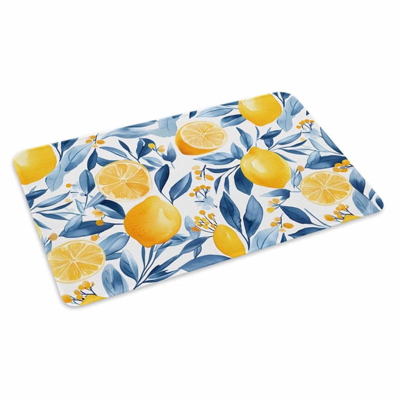 Summer Lemon Doormat Outdoor Entrance 16"x24", Spring Pastoral Watercolor Fruit Blue Yellow Absorb Moisture Dirt Door Mats, Non-Slip Rubber Backing Floor Mats Indoor, Low-Profile Front Door Rugs