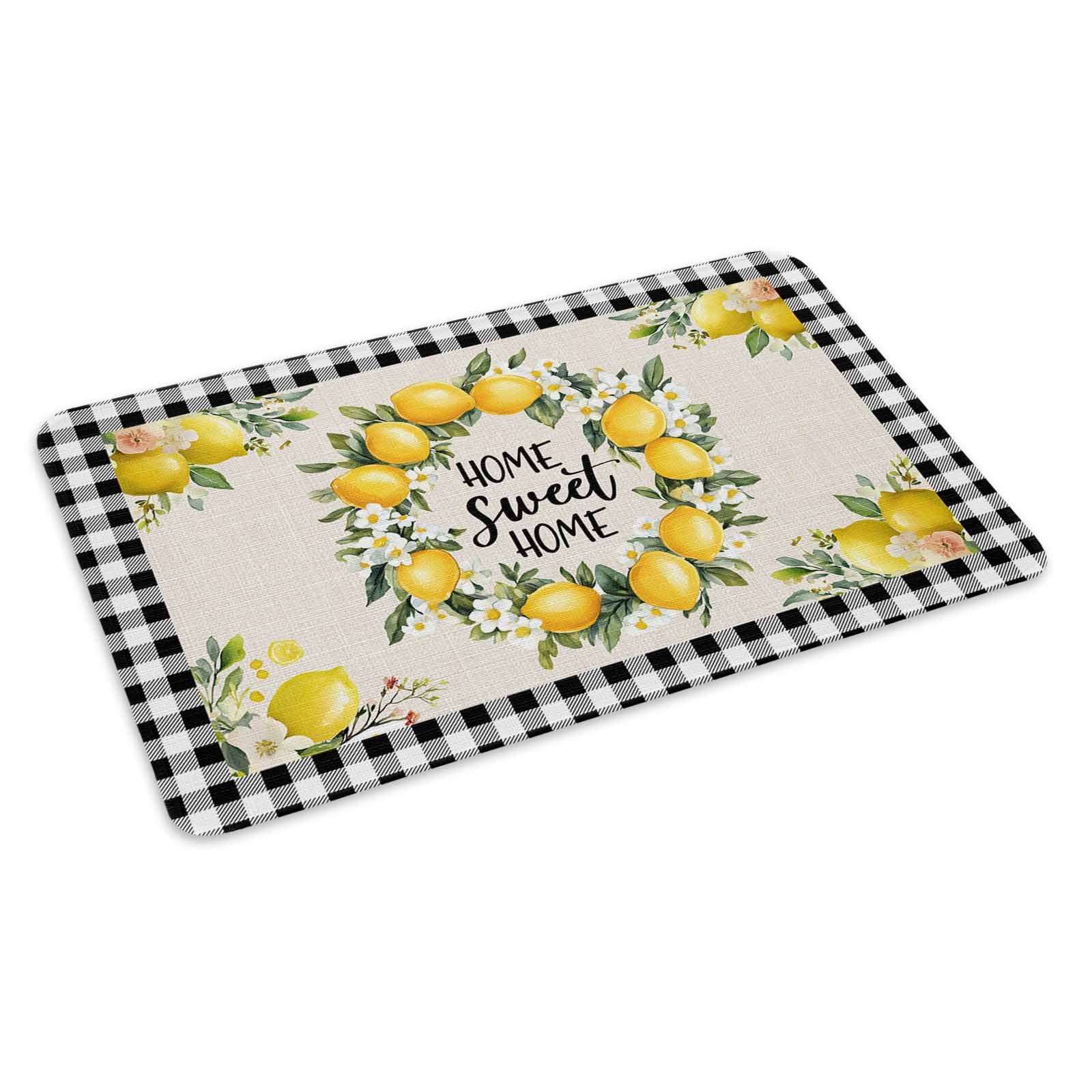 Summer Lemon Doormat Outdoor Entrance 20"x31.5", Farmhouse Black Check Plaid Vintage Absorb Moisture Dirt Door Mats, Non-Slip Rubber Backing Floor Mats Indoor, Low-Profile Front Door Rugs