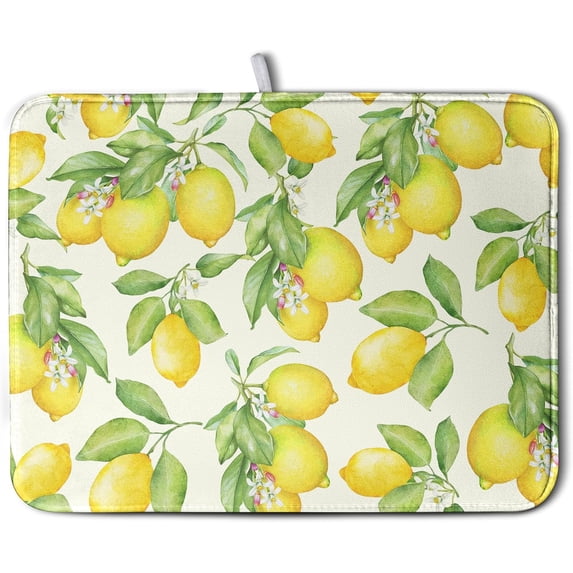 Summer Lemon Drying Mat Watercolor Fruit Yellow Lemon With Green Leaf Floral Dish Drying Mats for Kitchen Counter 18×24 Inch Microfiber Absorbent Dish Pad