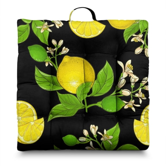 Summer Lemon Floor Pillow - 22x22 Inch Square Meditation Cushion, Dutch Velvet, Fresh Citrus Floral Design for Balcony & Lounge