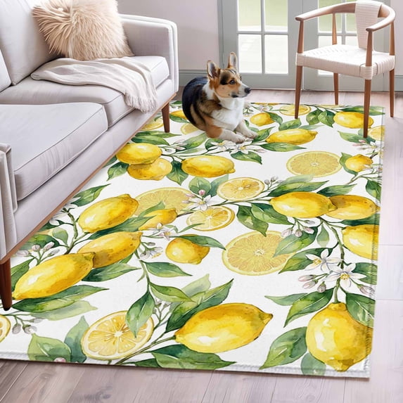Summer Lemon Flower Area Rugs 4x6 ft Country Vintage Watercolor White Floral Washable Rug Non Slip Indoor Carpet Absorbent Floor Mat for Living Room Bedroom Dining Room